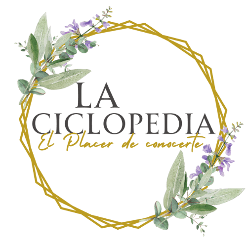 Un logotipo presenta el texto "La Ciclopedia" y "El placer de crecer", rodeado por un anillo amarillo adornado con hojas verdes y flores moradas.