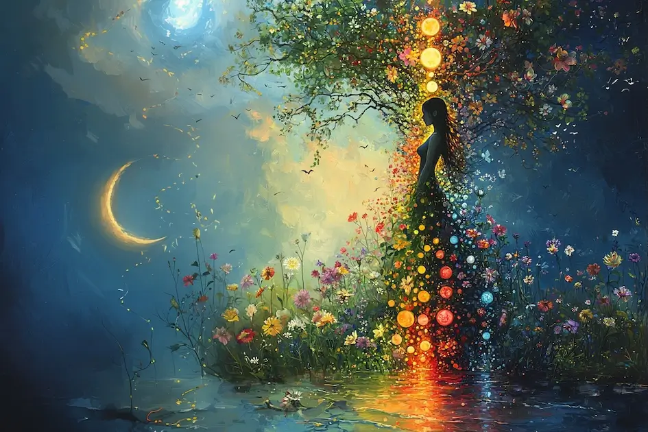 La silueta de una mujer está de pie junto a un árbol, rodeada de flores vibrantes y coloridas. Orbes brillantes en línea iluminan su figura. El fondo muestra una luna creciente y un cielo nocturno en movimiento, reflejado en aguas tranquilas.
