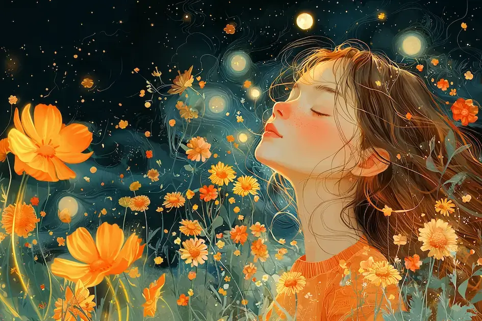 Ilustración de una mujer joven que experimenta la menarquia, con los ojos cerrados, en un campo de flores anaranjadas por la noche. Luces brillantes flotan a su alrededor mientras su cabello es suavemente agitado por la brisa. El cielo está oscuro, salpicado de pequeñas luces que se asemejan a estrellas, que simbolizan este nuevo capítulo en su vida.