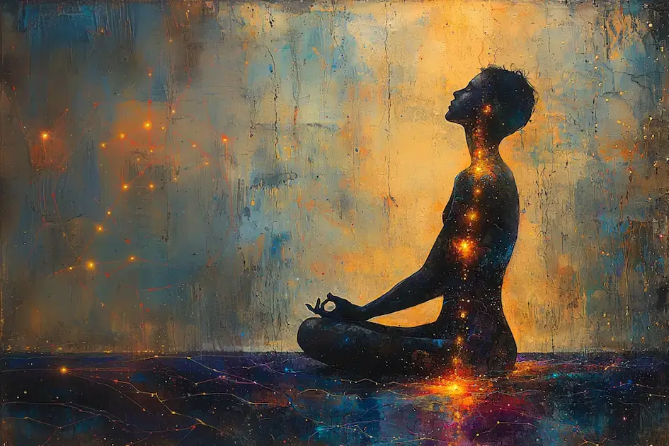 Silueta de una persona meditando en posición de piernas cruzadas, rodeada de un fondo cósmico y estrellado. La figura está llena de luces brillantes, creando una atmósfera serena y mística.