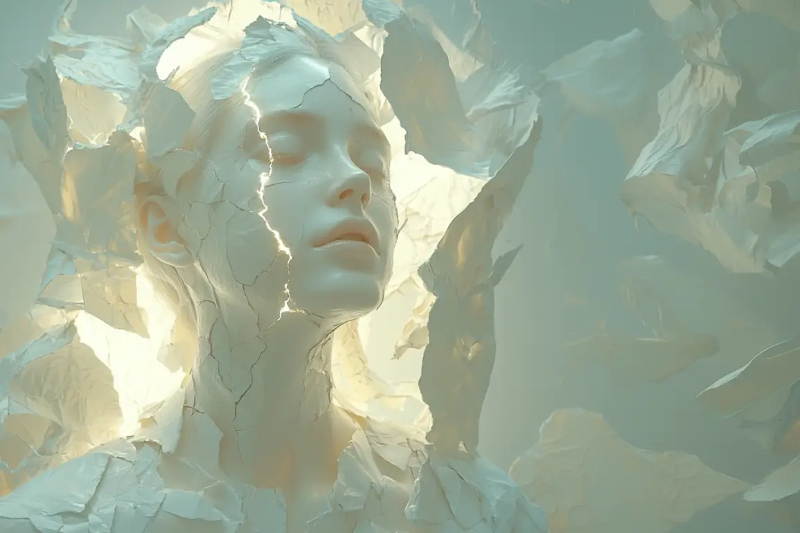 Imagen surrealista del rostro sereno de una mujer que emerge de las grietas de una superficie blanca luminosa, rodeada de fragmentos flotantes que parecen papel. La iluminación y el enfoque suave crean una atmósfera etérea y onírica, como si se reprogramara el subconsciente a través de la poesía visual.