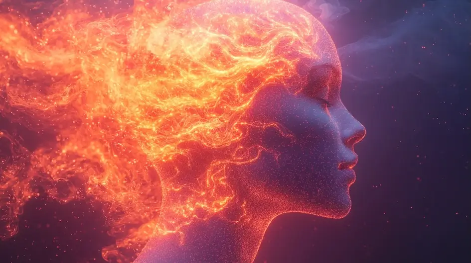 Una representación digital muestra un perfil femenino sereno con el cabello transformado en llamas vibrantes y fluidas. El cabello ardiente parece fusionarse naturalmente con la cabeza, contra un fondo oscuro, creando un efecto místico y etéreo que parece reprogramar el subconsciente al despertar la imaginación.