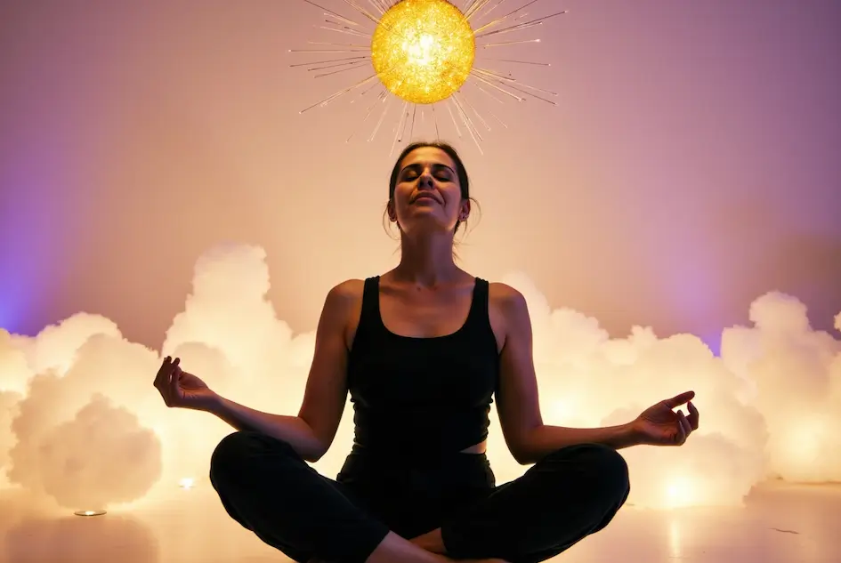 Una mujer con ropa negra de yoga medita sentada con las piernas cruzadas, con los ojos cerrados y las manos en un mudra. Está rodeada de nubes blancas con un orbe brillante sobre su cabeza, creando una atmósfera tranquila y soñadora.